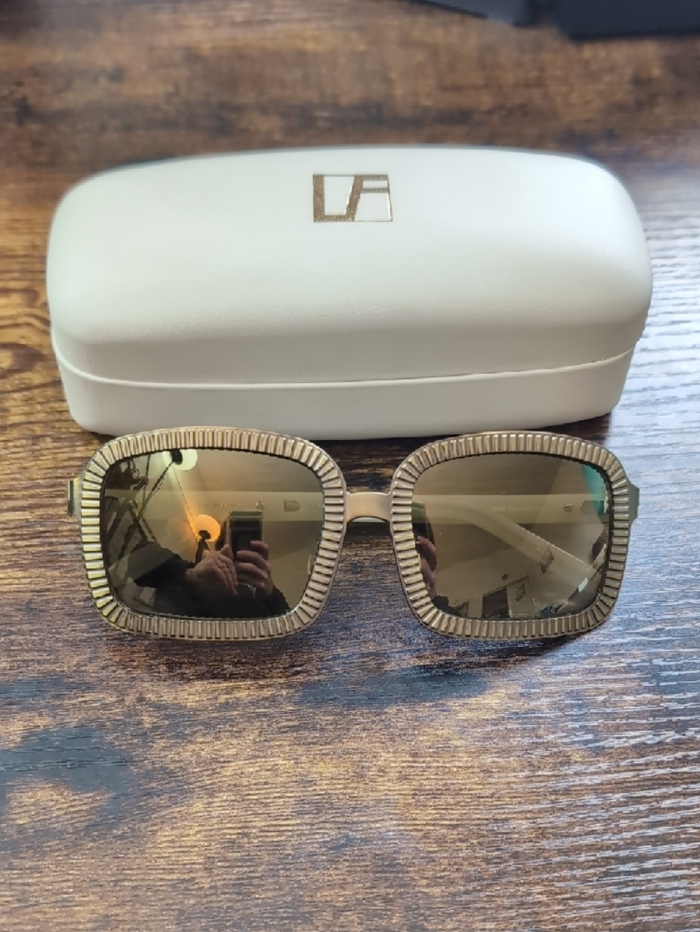 Linda Farrow x Alexander Wang Zipper Trim Square Sunglasses in Antique Brass